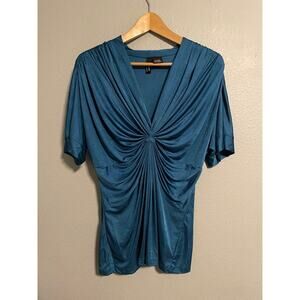 Mixit Womens Top XL Blue Babydoll Ruched Stretch Short Sleeve Clubwear Rave Y2K